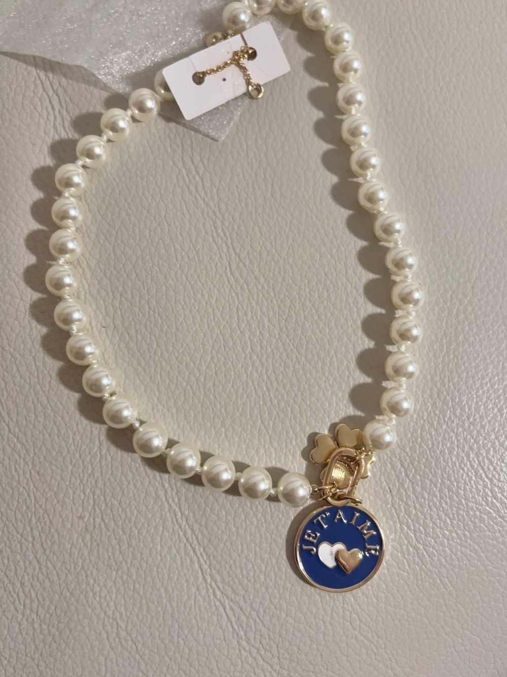 J. Crew White Pearl Necklace with Blue Enamel 'Je t'aime' Charm